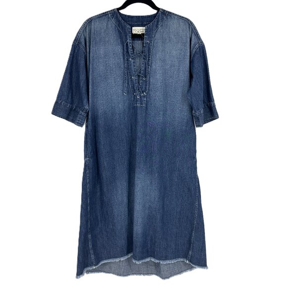 Nili Lotan Lace-Up‎ V-Neck Denim Chambray Shift Dress Blue XS - Picture 1 of 10